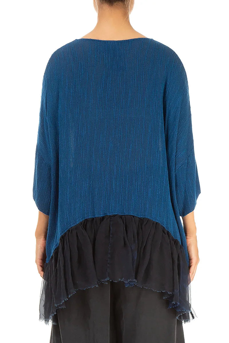 Flared Chiffon Hem Royal Blue Silk Blouse 2