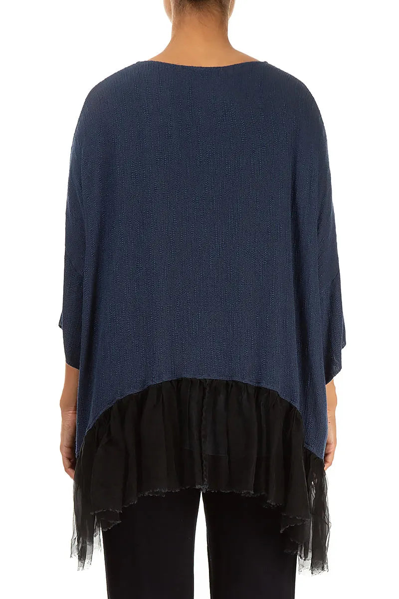 Flared Chiffon Hem Slate Blue Silk Blouse 2