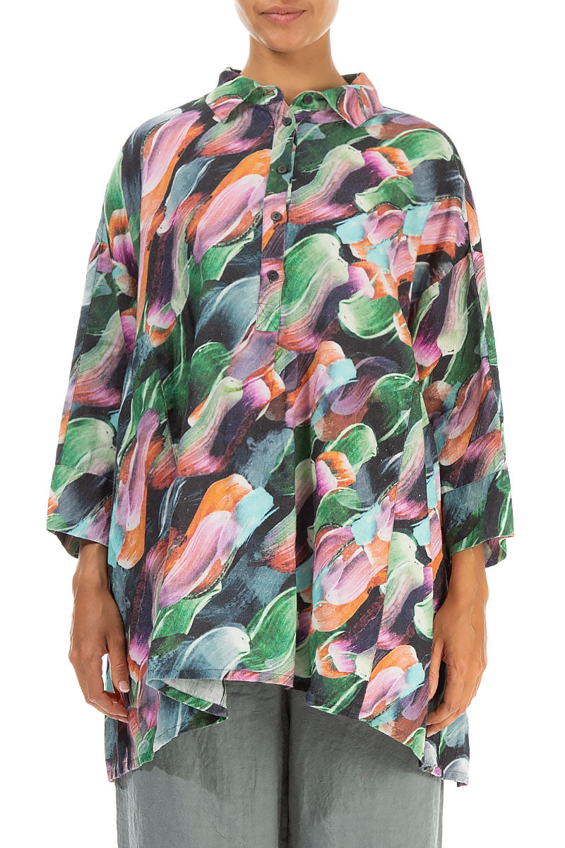 Flared Collar Neck Paint Charm Linen Shirt 1
