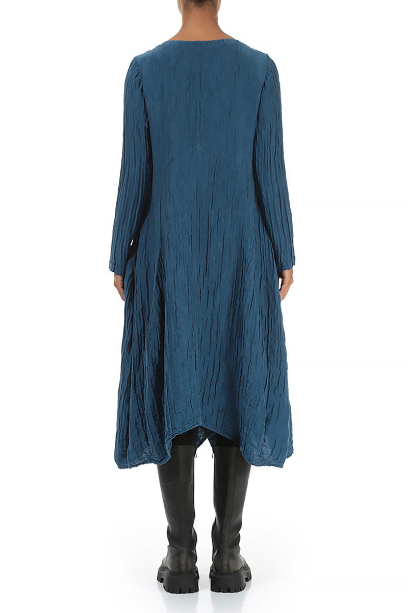 Flared Crinkled Azure Silk Linen Dress