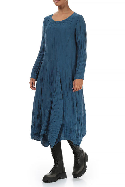 Flared Crinkled Azure Silk Linen Dress