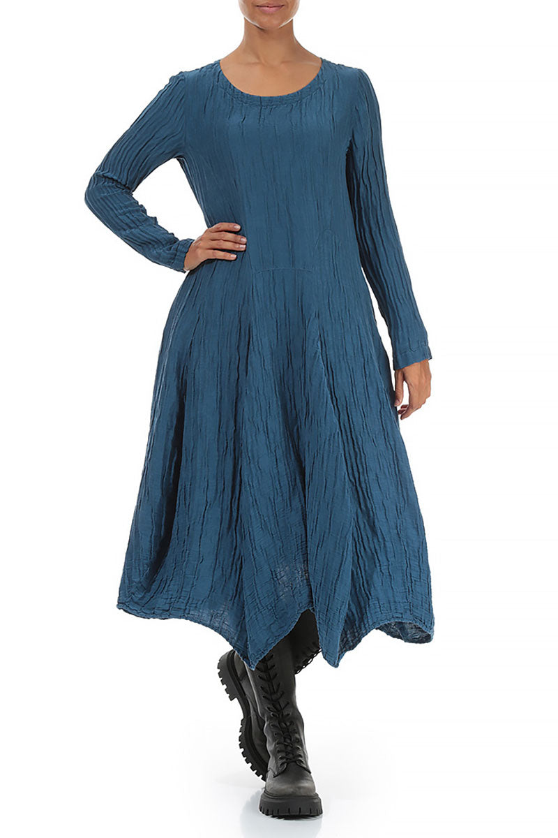 Flared Crinkled Azure Silk Linen Dress