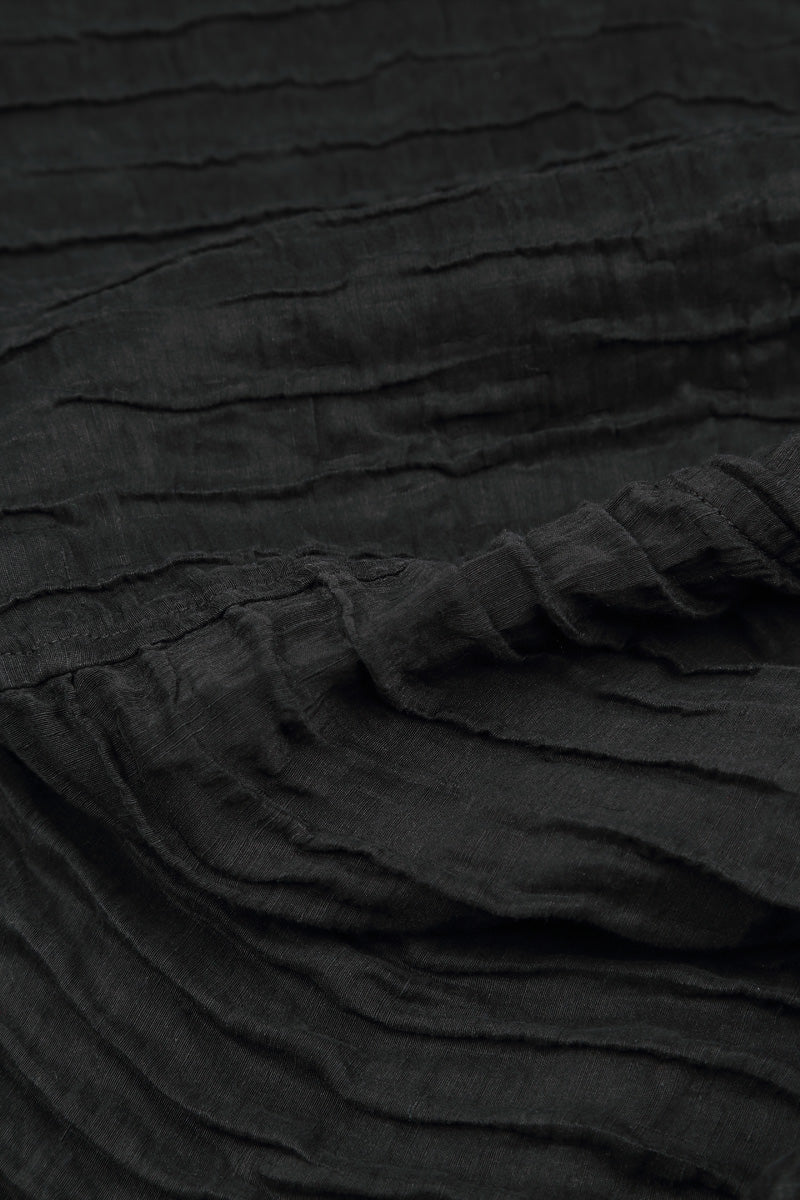 Flared Crinkled Black Silk Linen Dress