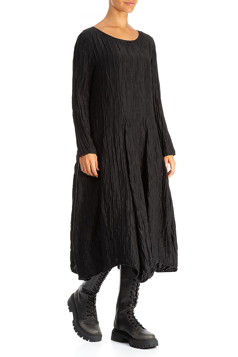 Flared Crinkled Black Silk Linen Dress