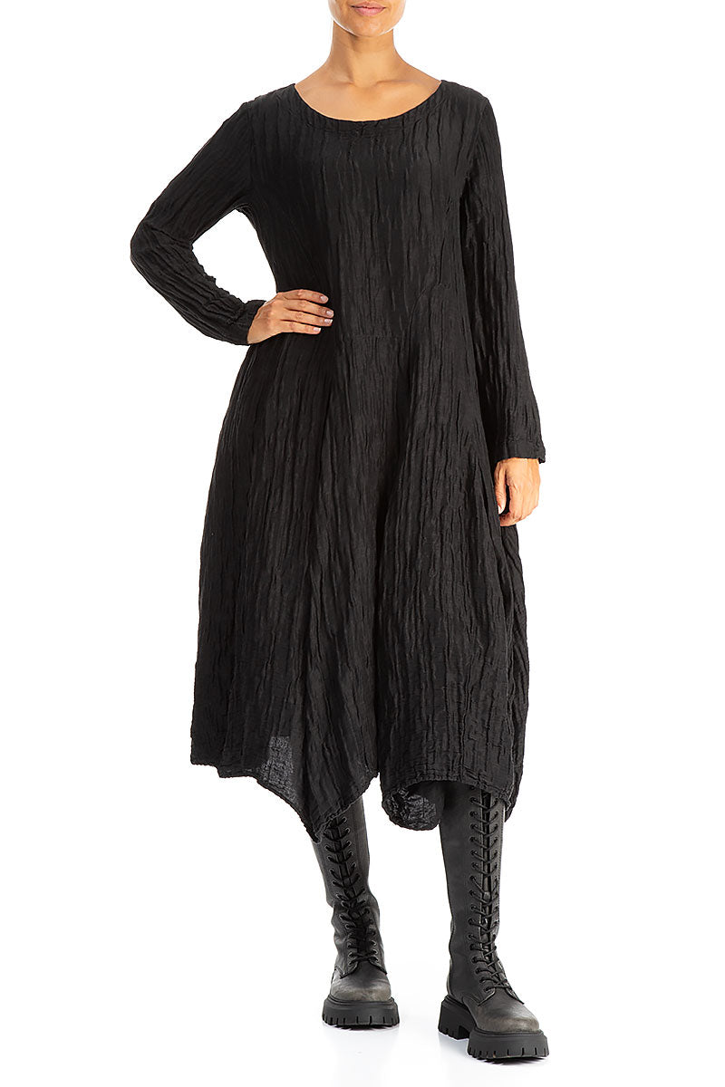 Flared Crinkled Black Silk Linen Dress