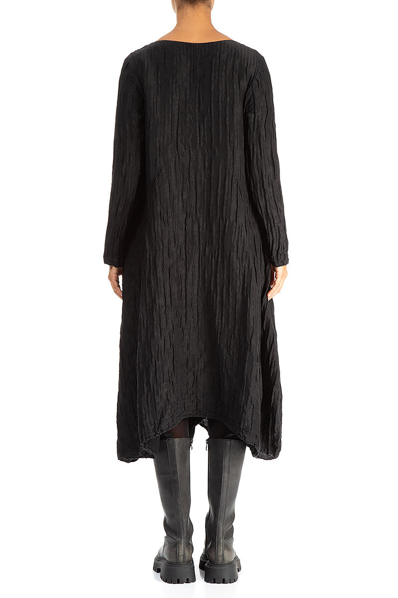 Flared Crinkled Black Silk Linen Dress