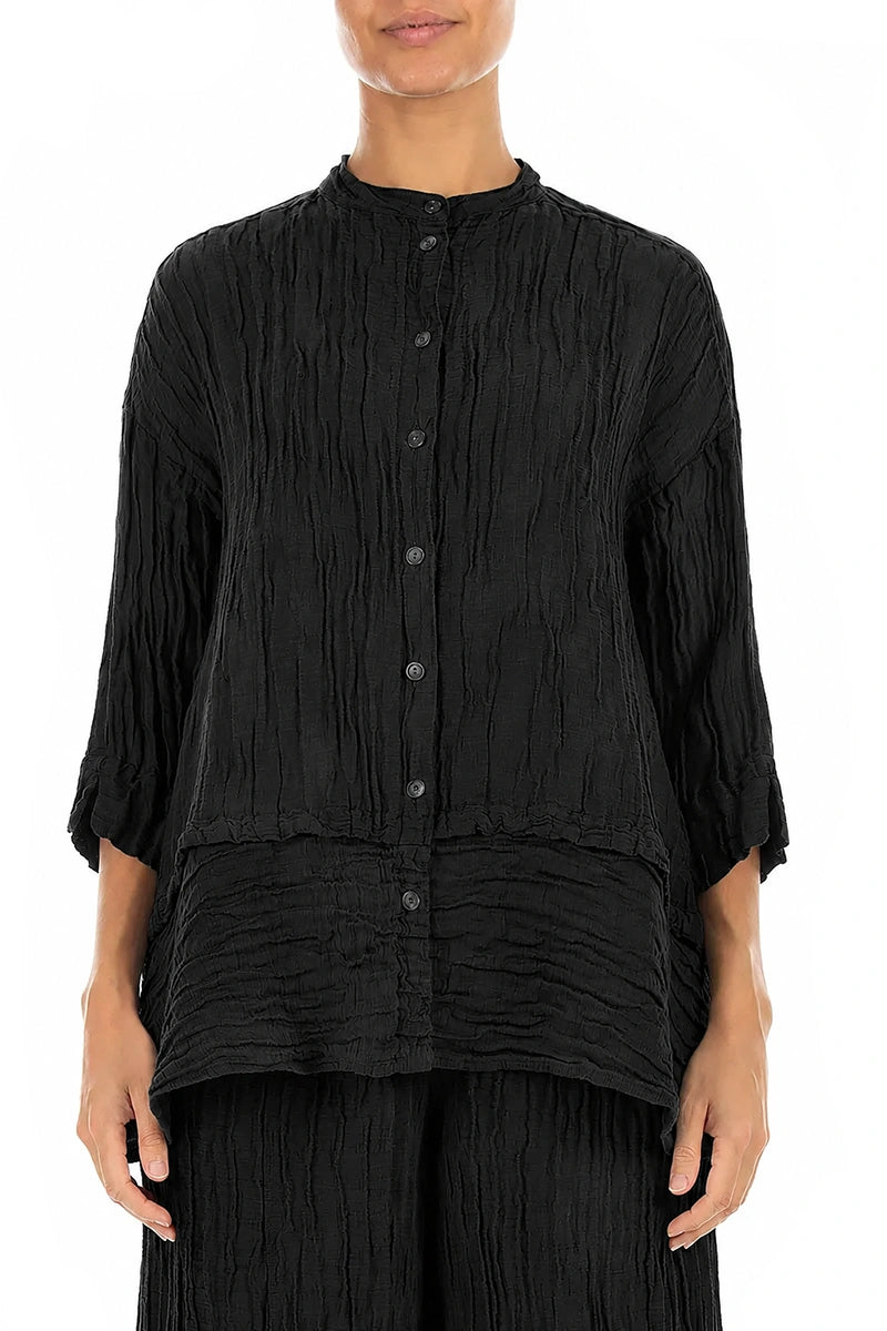 Flared Crinkled Black Silk Linen Shirt