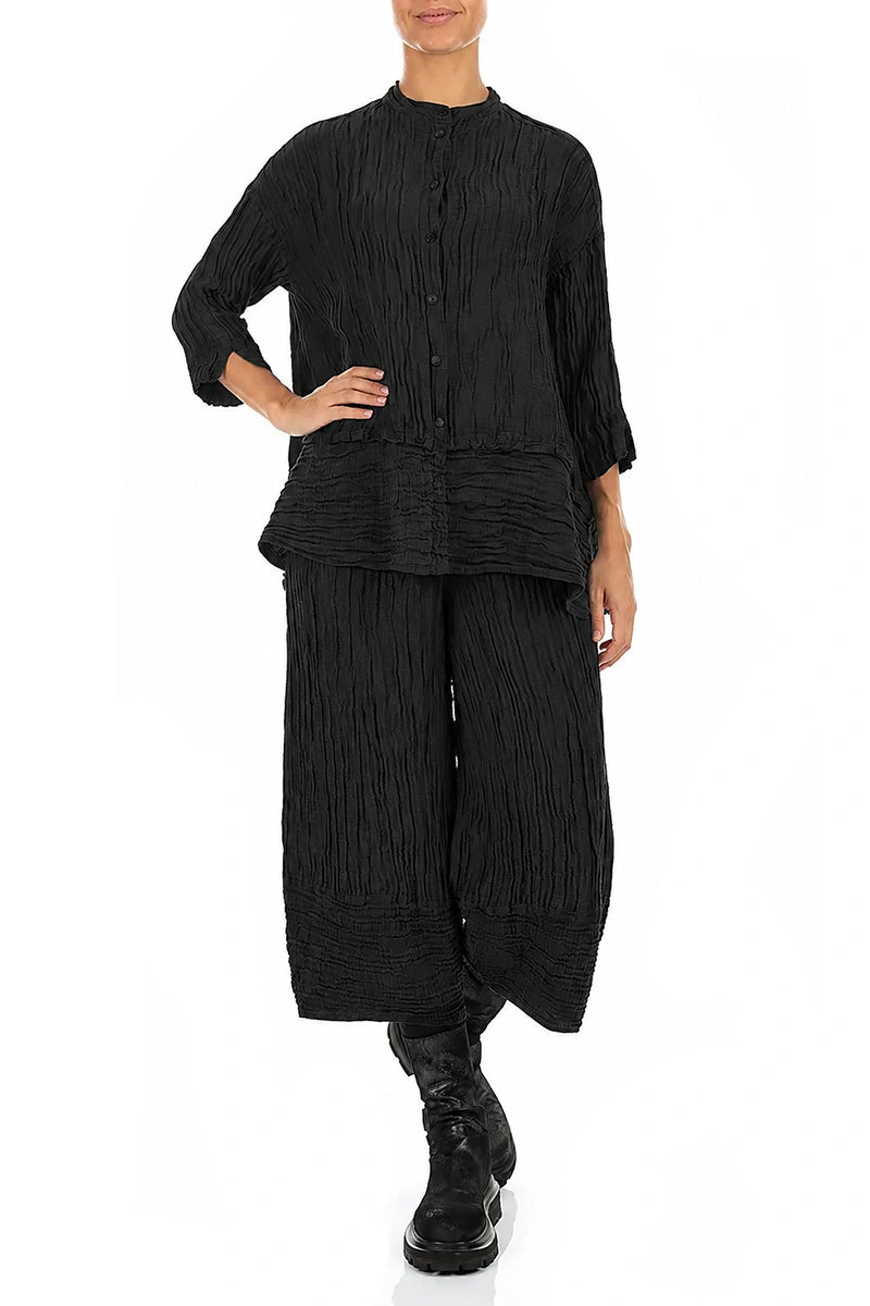 Flared Crinkled Black Silk Linen Shirt