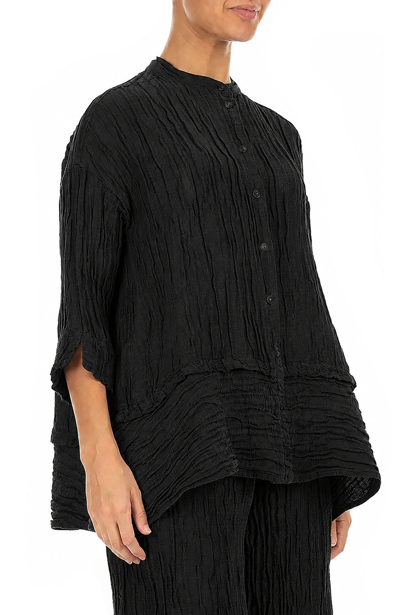 Flared Crinkled Black Silk Linen Shirt
