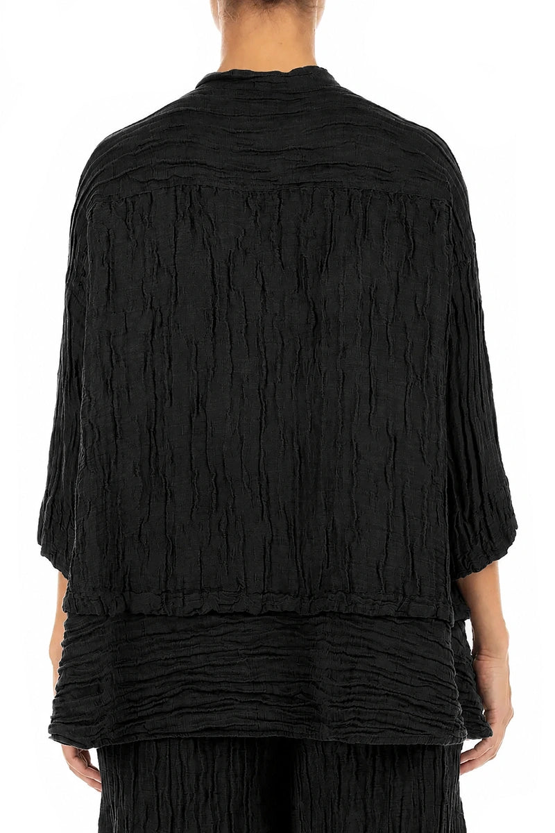 Flared Crinkled Black Silk Linen Shirt