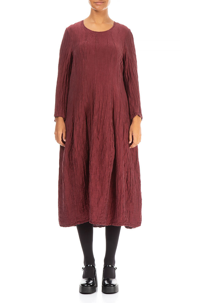 Flared Crinkled Burgundy Silk Linen Dress