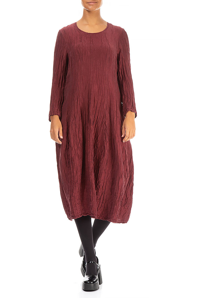 Flared Crinkled Burgundy Silk Linen Dress