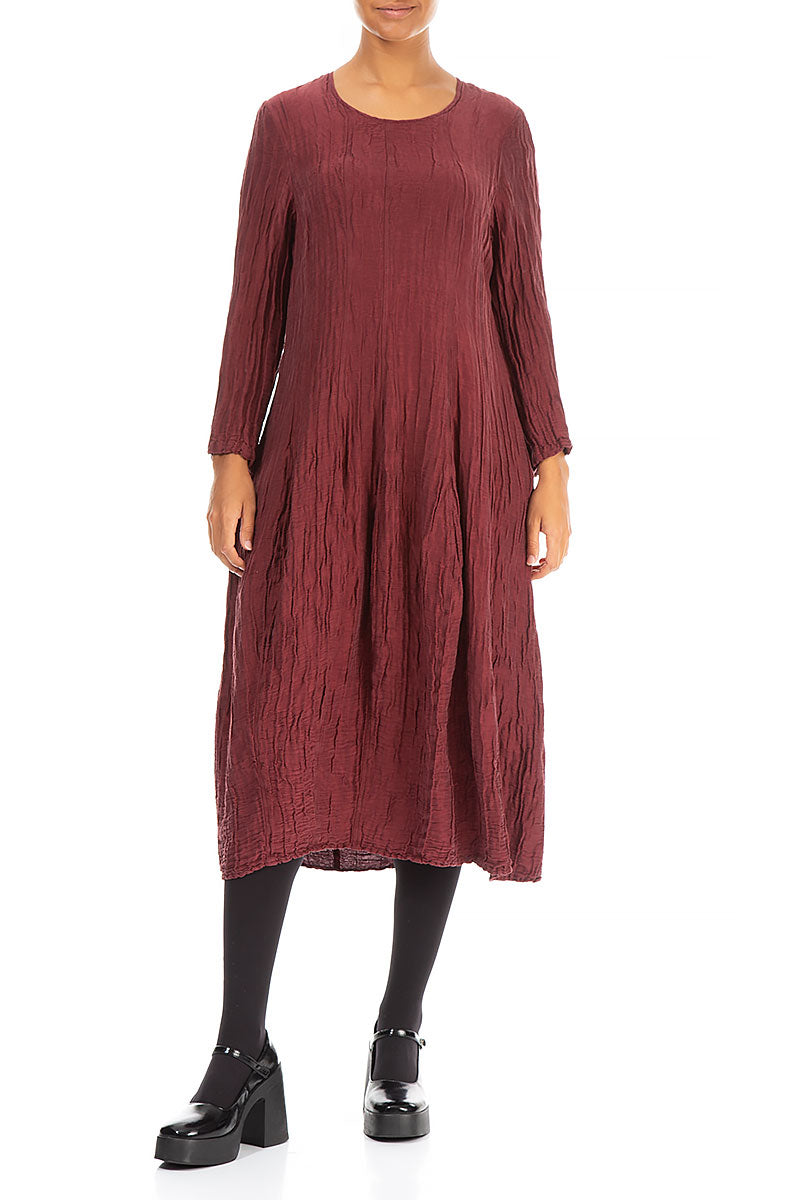 Flared Crinkled Burgundy Silk Linen Dress