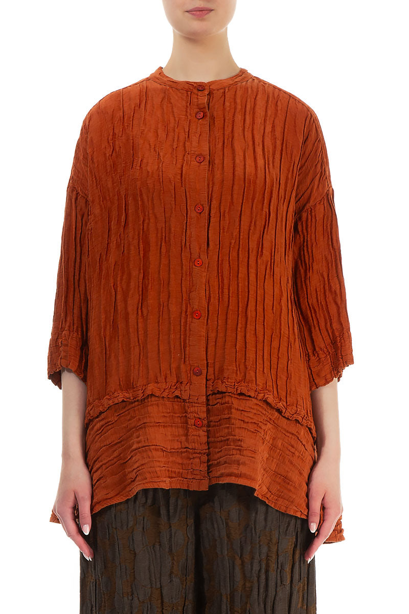 Flared Crinkled Burnt Orange Silk Shirt