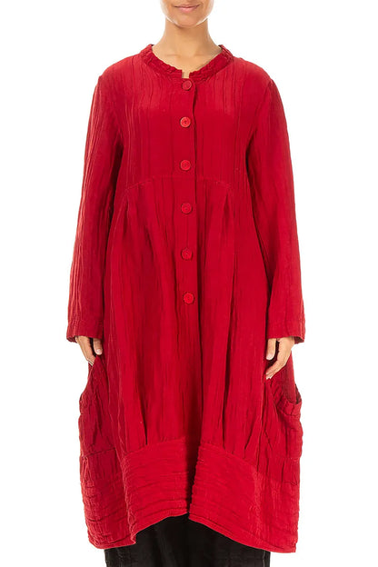 Flared Crinkled Cherry Red Silk Linen Jacket 1