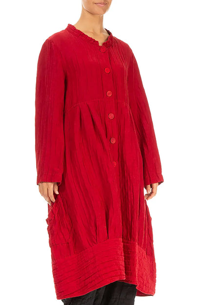 Flared Crinkled Cherry Red Silk Linen Jacket 3