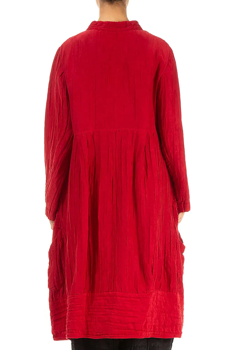 Flared Crinkled Cherry Red Silk Linen Jacket 2