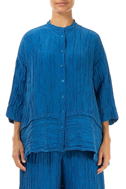 Flared Crinkled Cobalt Blue Silk Shirt 1