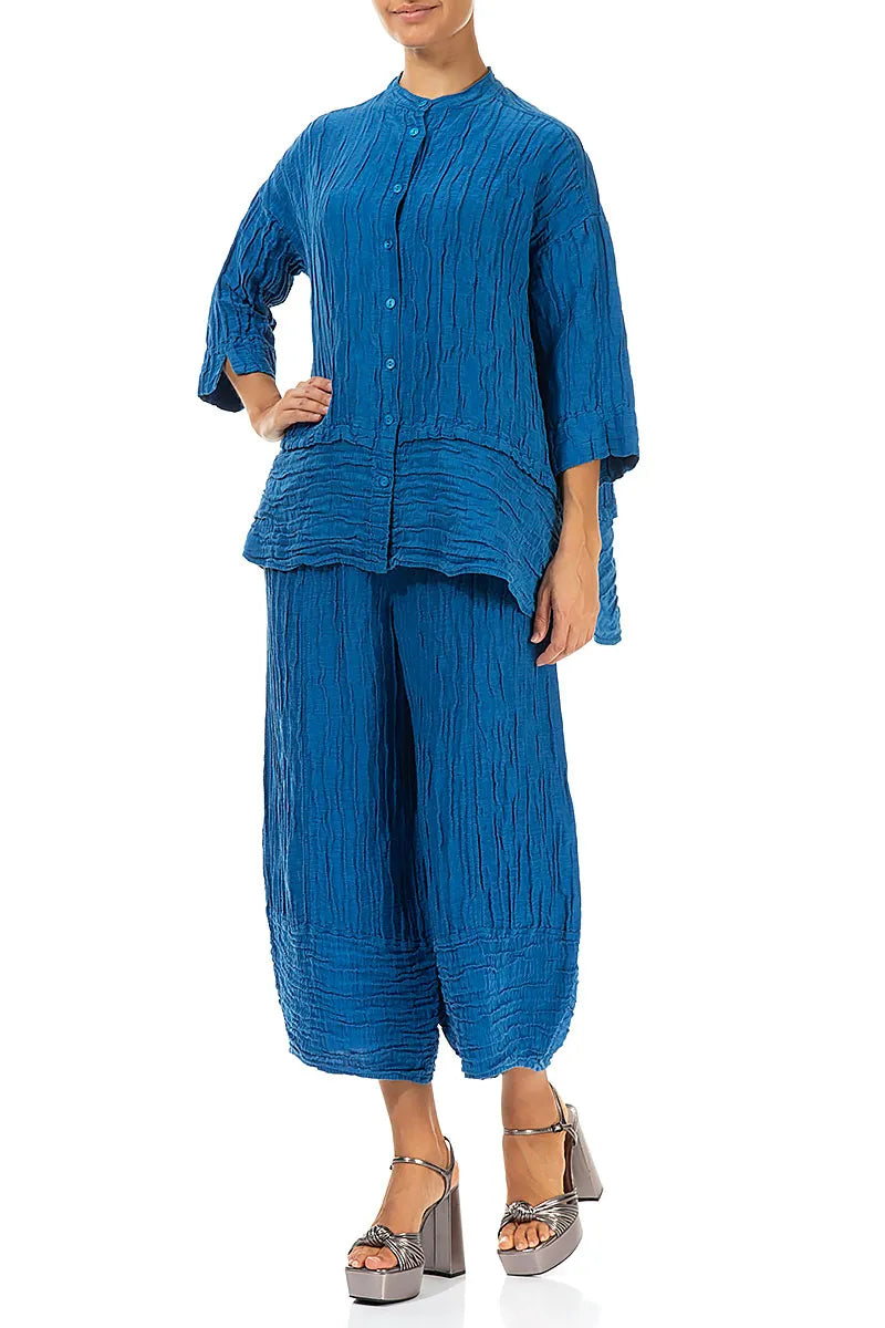 Flared Crinkled Cobalt Blue Silk Shirt 4