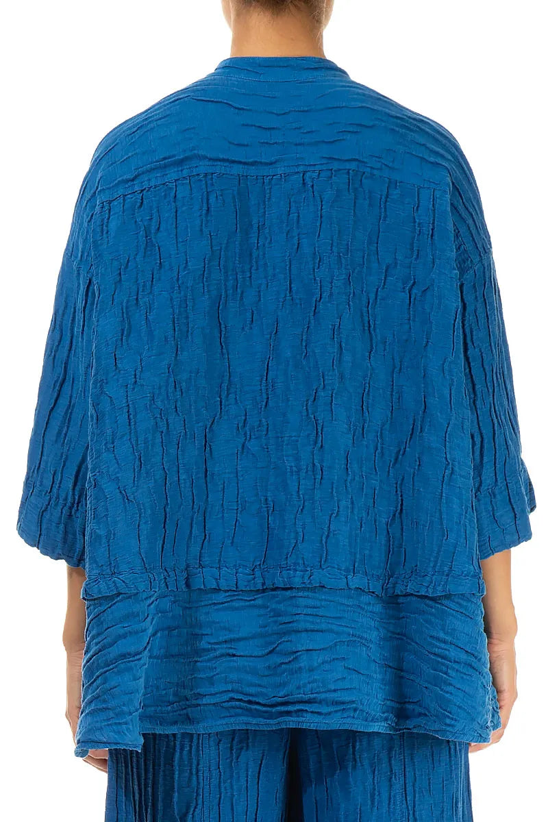 Flared Crinkled Cobalt Blue Silk Shirt 2