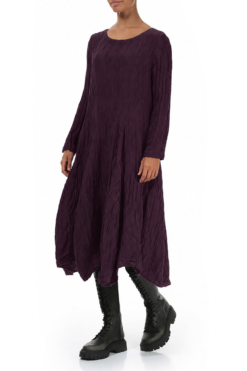 Flared Crinkled Deep Plum Silk Linen Dress 4
