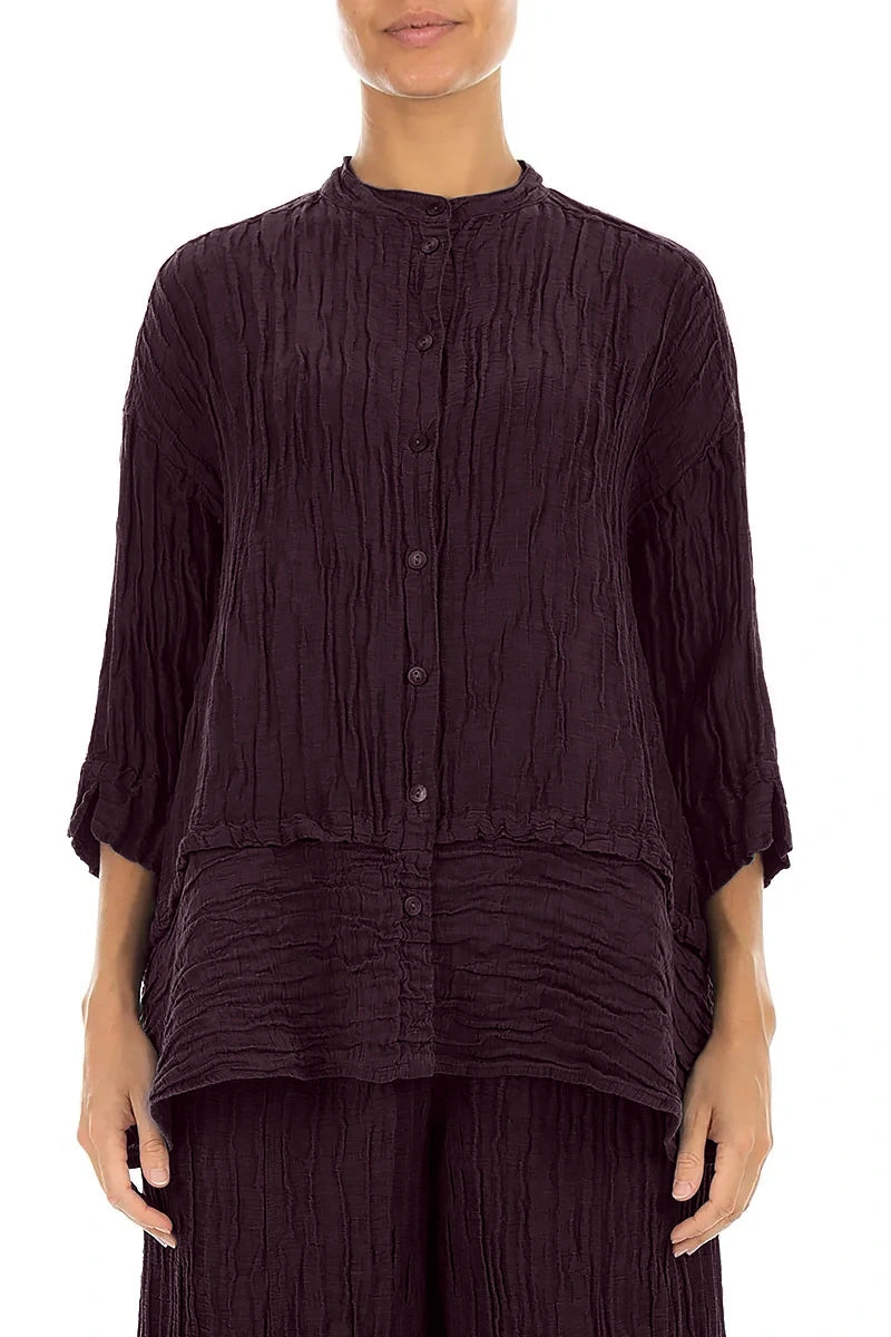 Flared Crinkled Deep Plum Silk Linen Shirt
