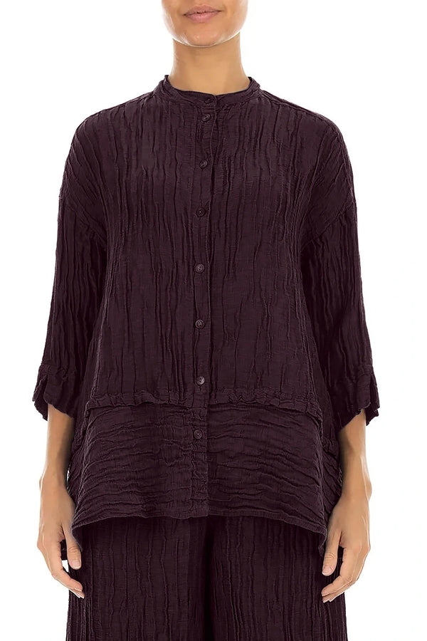 Flared Crinkled Deep Plum Silk Linen Shirt 1