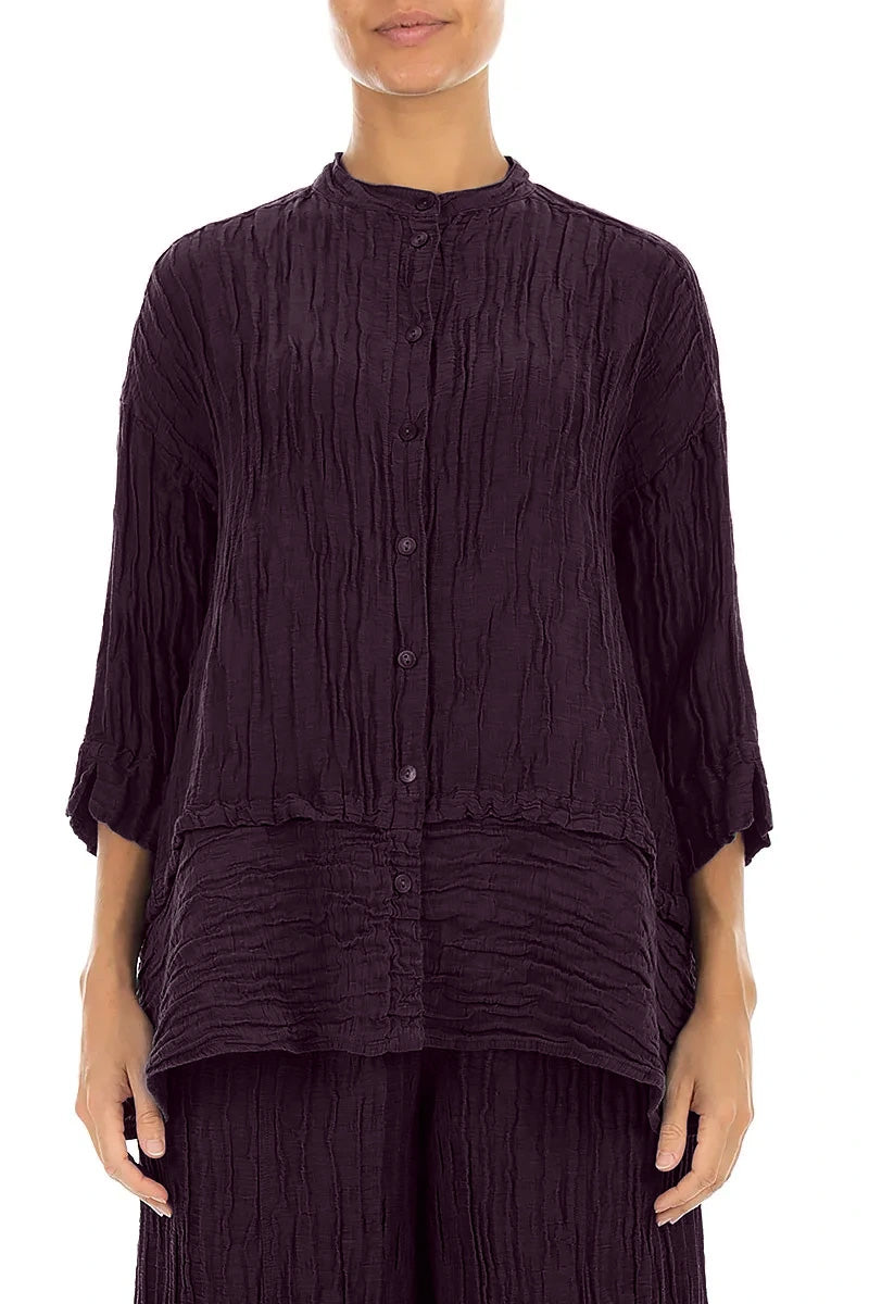 Flared Crinkled Deep Plum Silk Linen Shirt
