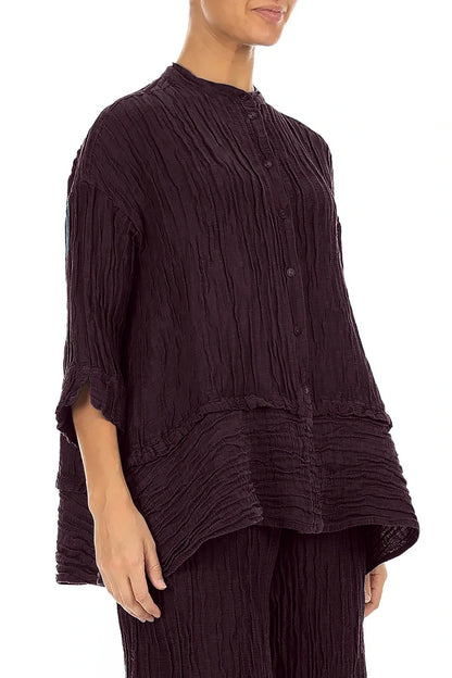 Flared Crinkled Deep Plum Silk Linen Shirt