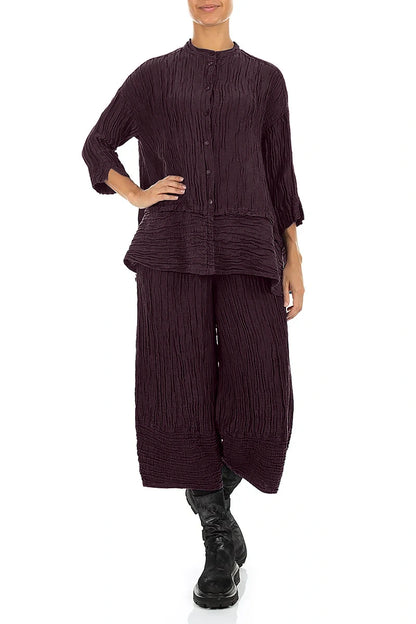 Flared Crinkled Deep Plum Silk Linen Shirt