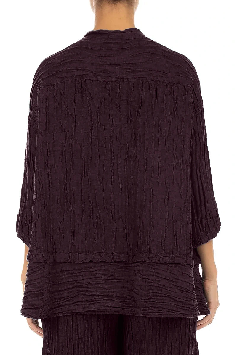 Flared Crinkled Deep Plum Silk Linen Shirt