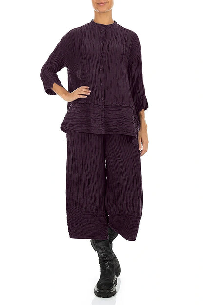 Flared Crinkled Deep Plum Silk Linen Shirt 4