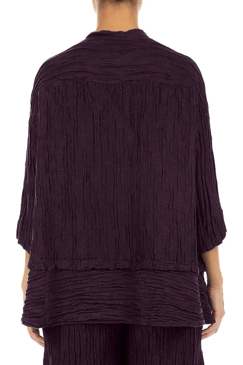 Flared Crinkled Deep Plum Silk Linen Shirt