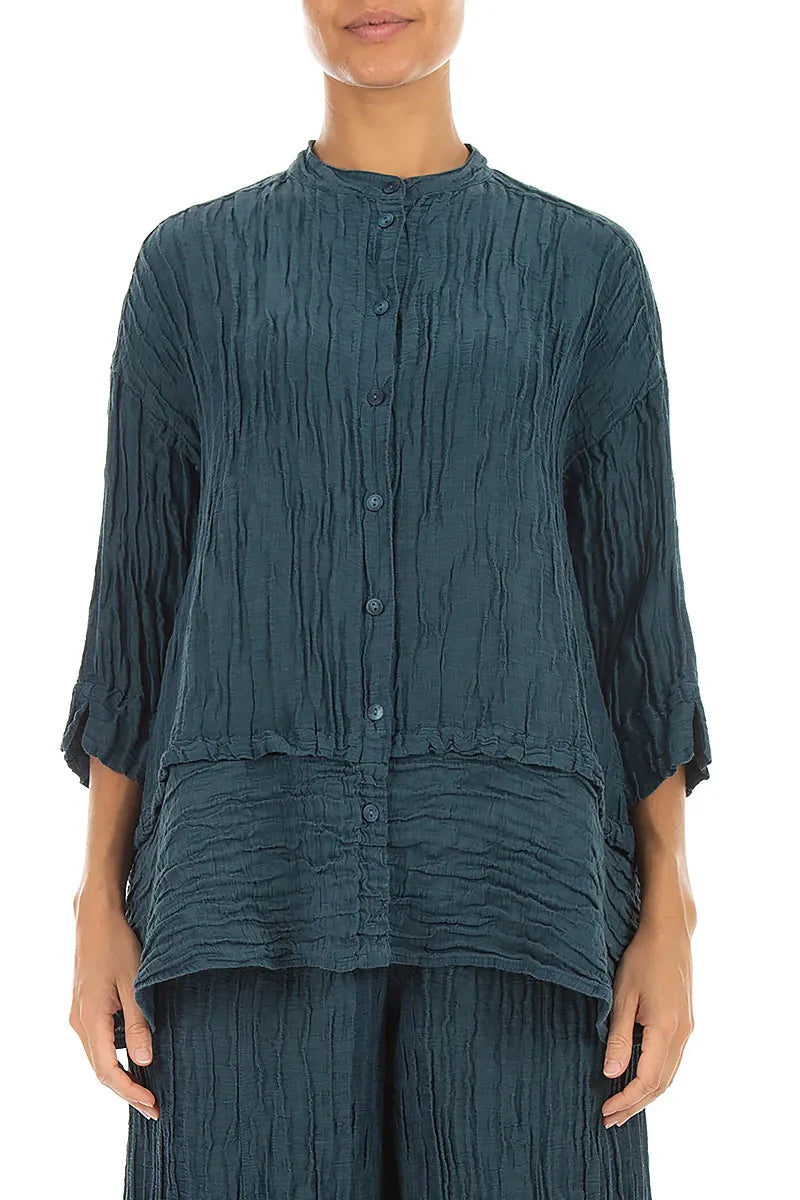 Flared Crinkled Deep Turquoise Silk Linen Shirt