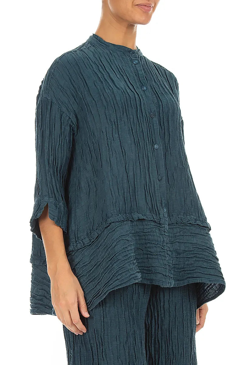 Flared Crinkled Deep Turquoise Silk Linen Shirt