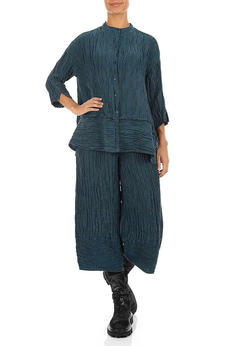 Flared Crinkled Deep Turquoise Silk Linen Shirt