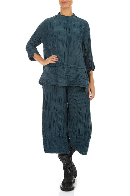 Flared Crinkled Deep Turquoise Silk Linen Shirt
