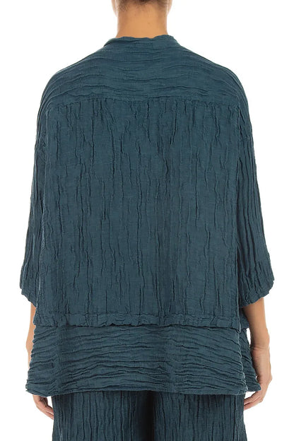Flared Crinkled Deep Turquoise Silk Linen Shirt
