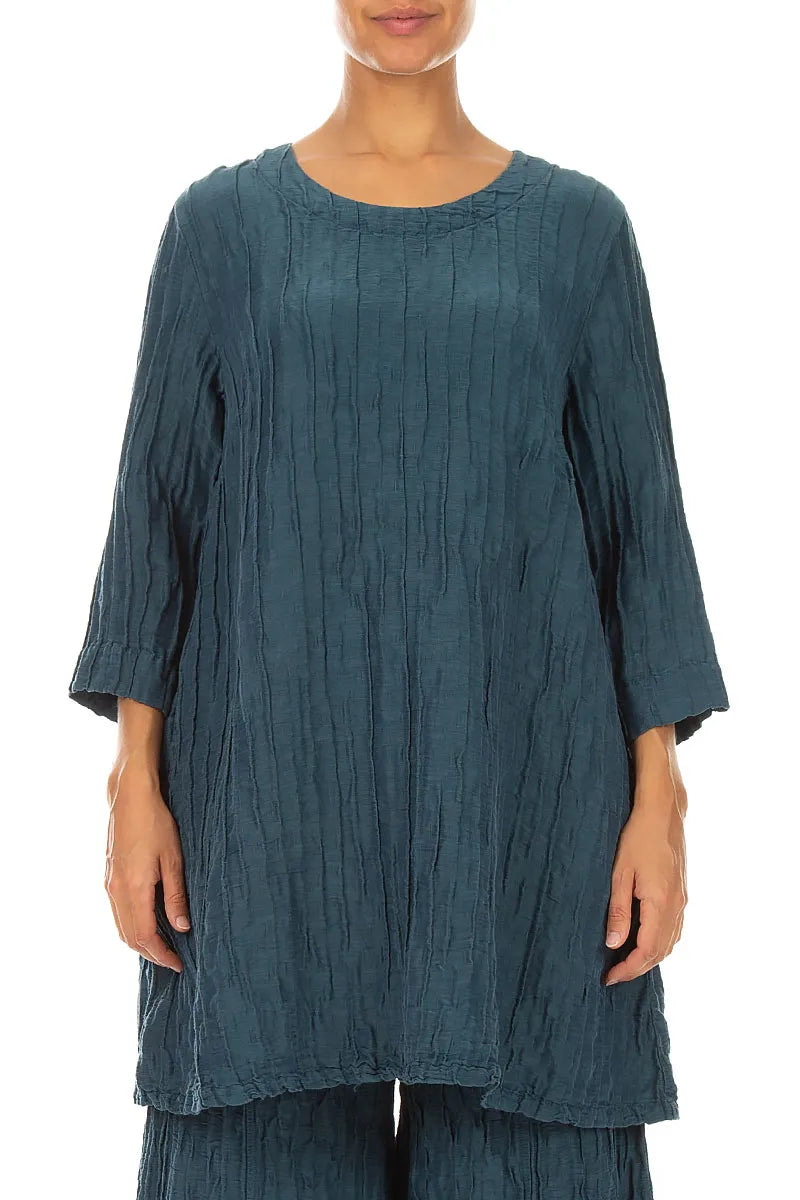 Flared Crinkled Deep Turquoise Silk Linen Tunic