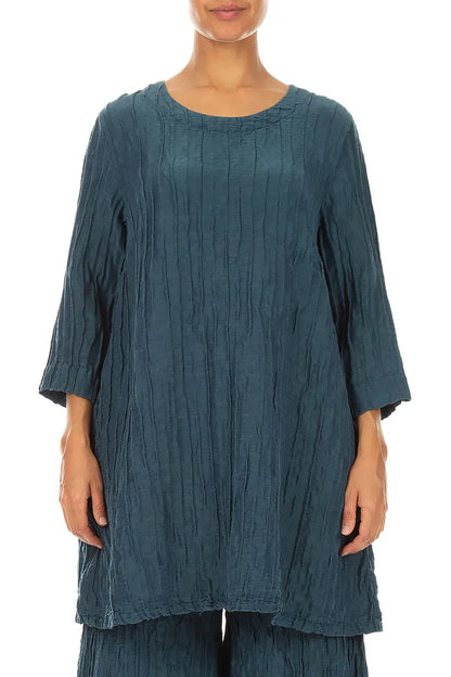 Flared Crinkled Deep Turquoise Silk Linen Tunic