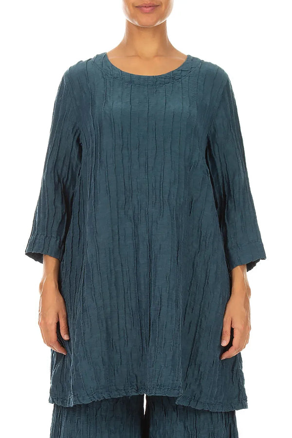 Flared Crinkled Deep Turquoise Silk Linen Tunic