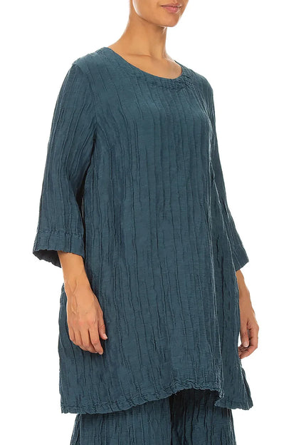 Flared Crinkled Deep Turquoise Silk Linen Tunic