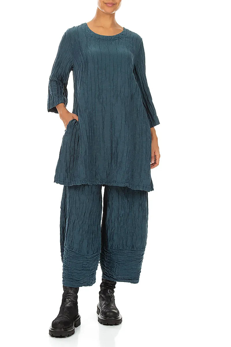 Flared Crinkled Deep Turquoise Silk Linen Tunic