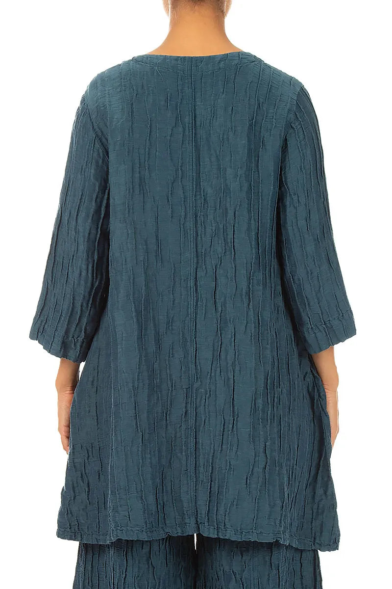 Flared Crinkled Deep Turquoise Silk Linen Tunic