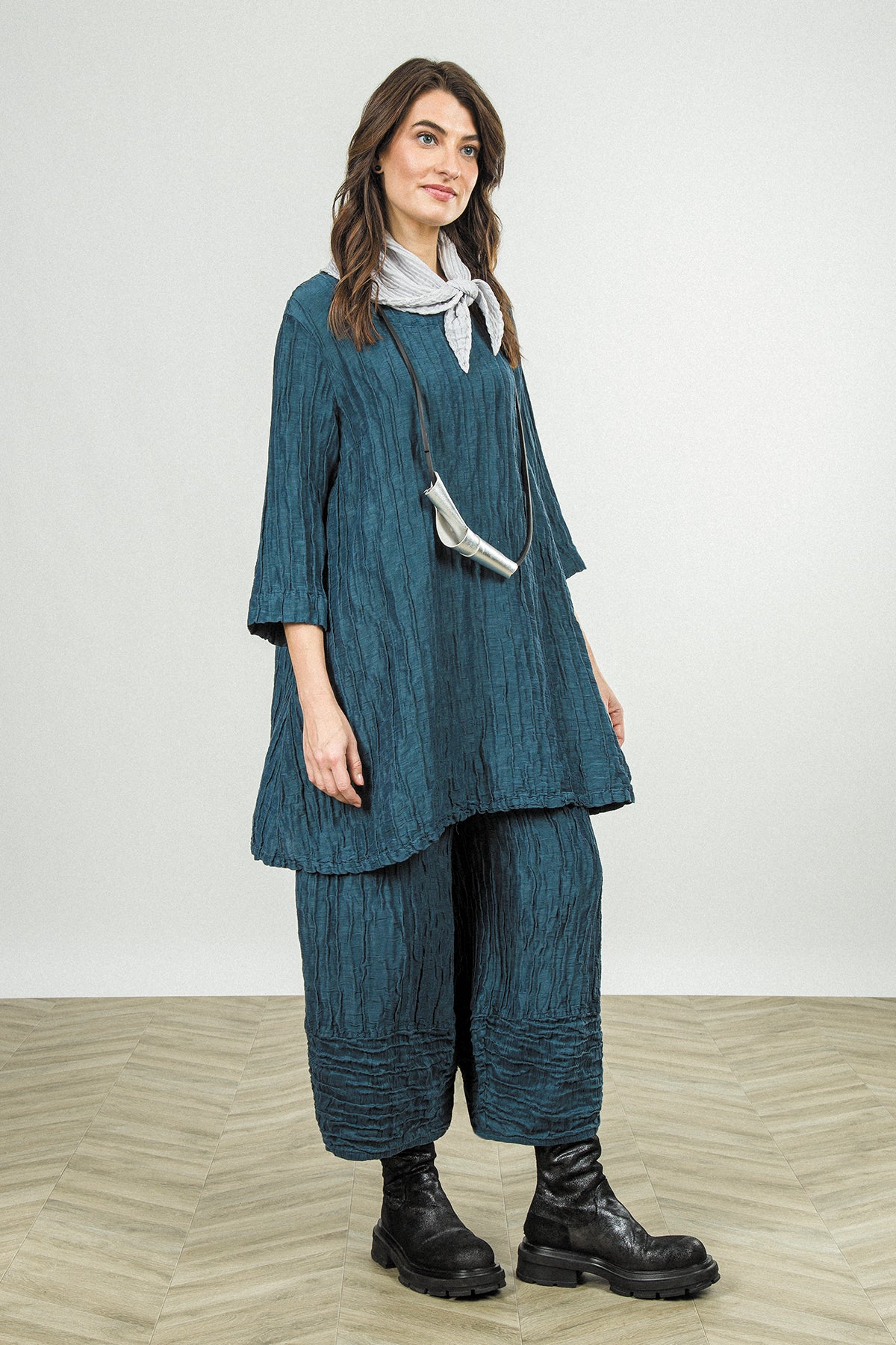 Flared Crinkled Deep Turquoise Silk Linen Tunic