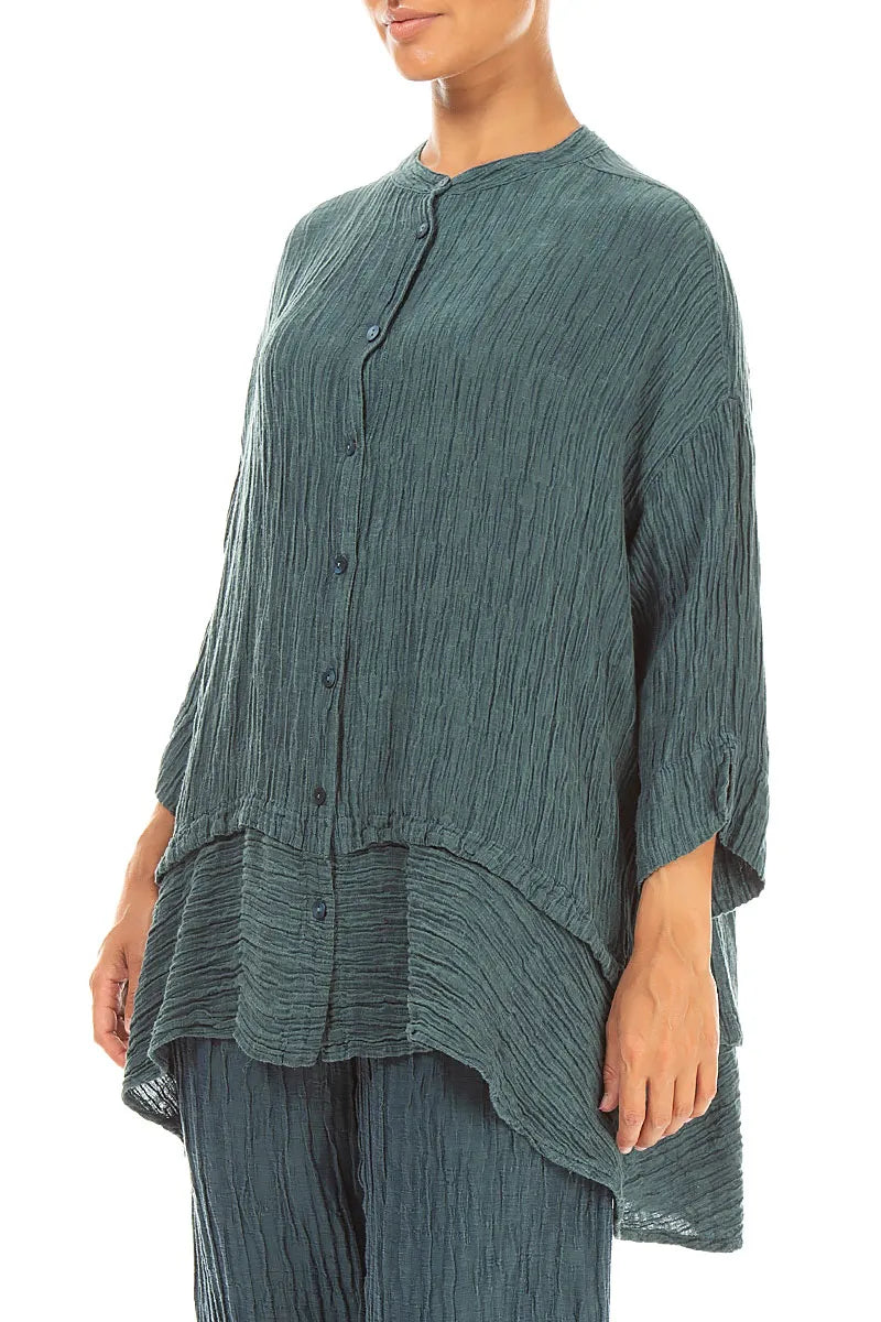 Flared Crinkled Deep Turquoise Silk Shirt