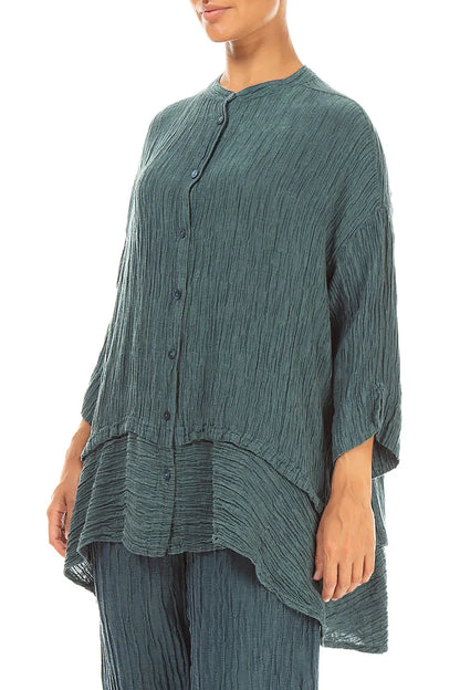 Flared Crinkled Deep Turquoise Silk Shirt