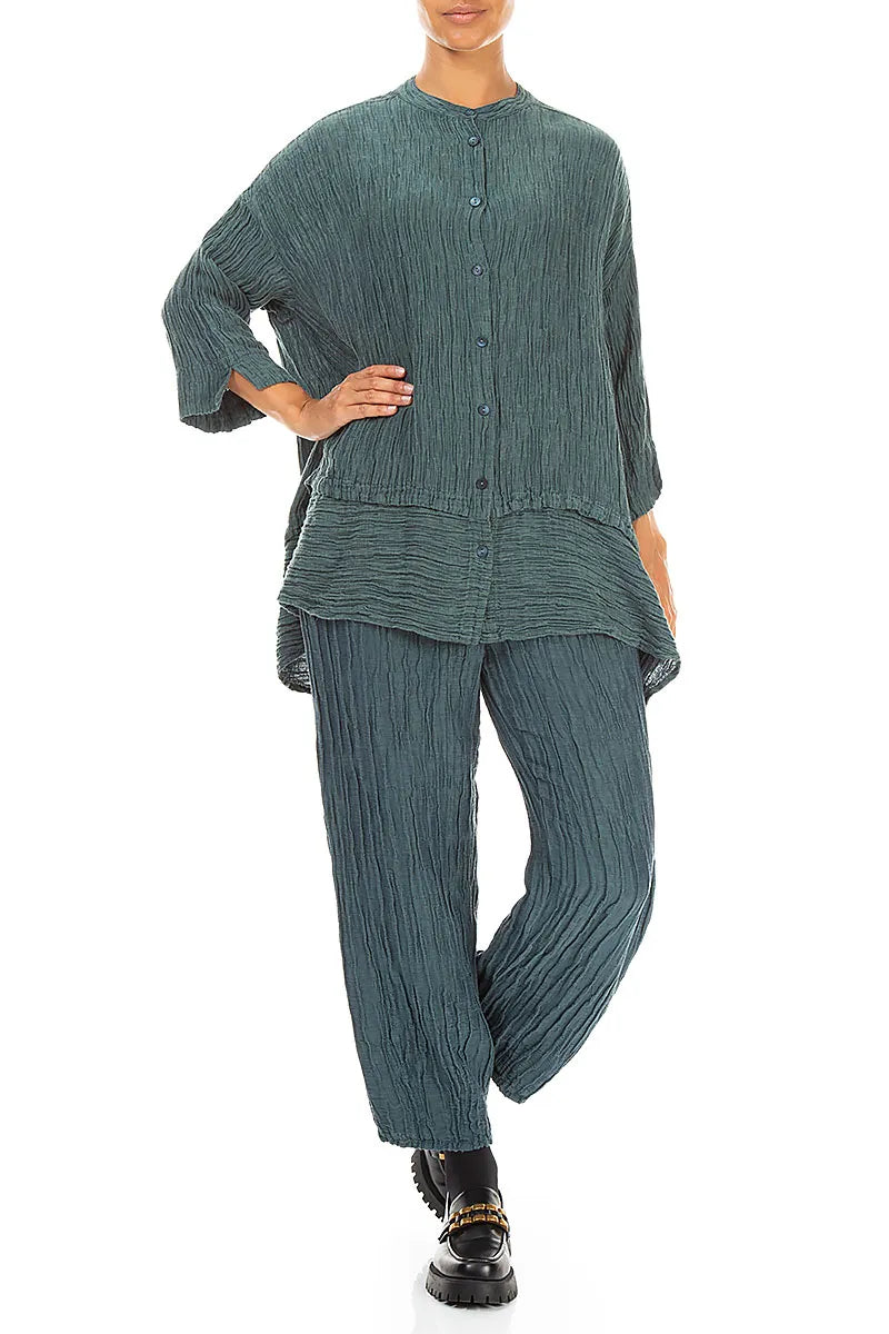 Flared Crinkled Deep Turquoise Silk Shirt