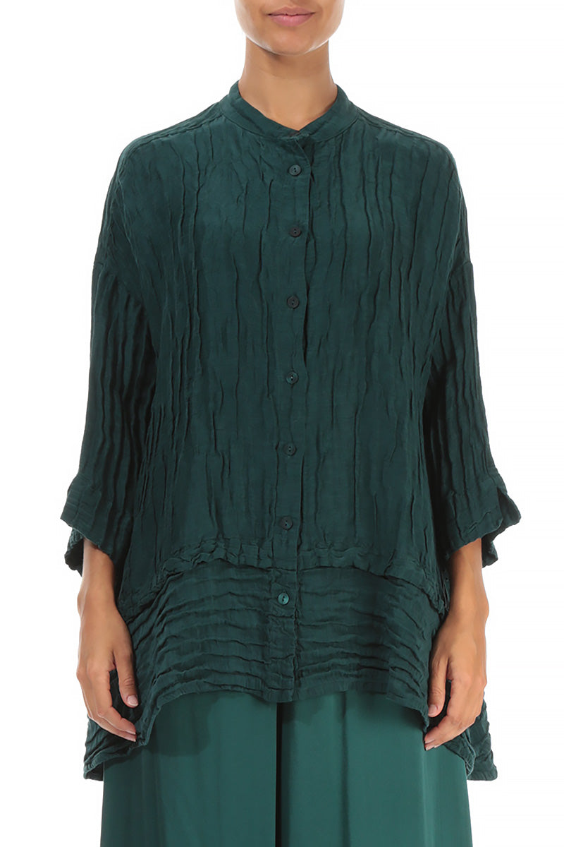 Flared Crinkled Emerald Silk Shirt