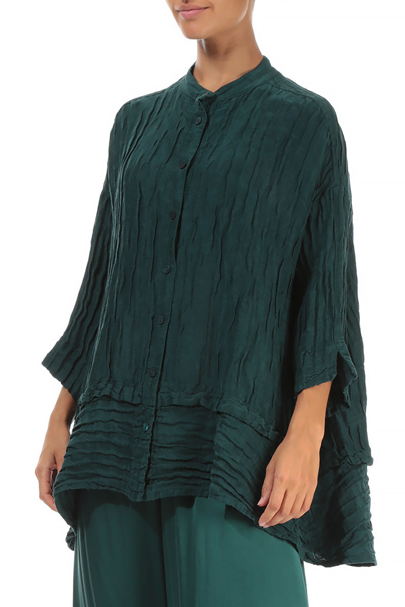 Flared Crinkled Emerald Silk Shirt